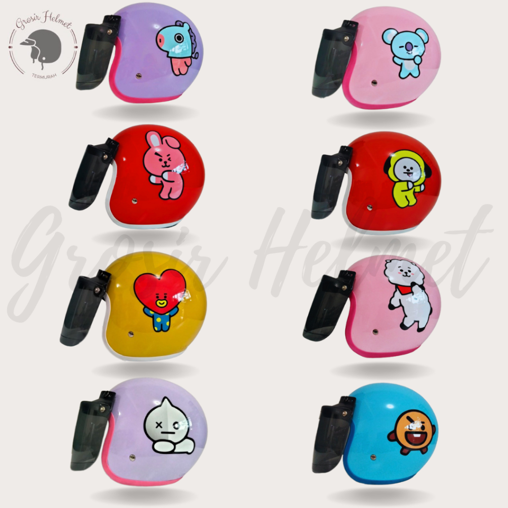 Helm anak Motif BTS BT21 K-POP Helm Anak SNI Free Kaca Datar Hitam