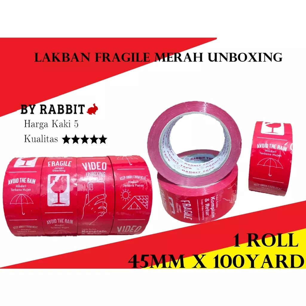 

Lakban FRAGILE Merah VIDEO UNBOXING 45mm x 100yard RABBIT TAPE selotip plakban packing kemasan