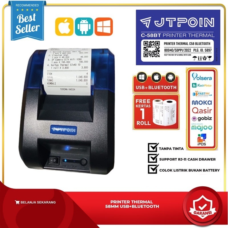 PRINTER BLUETOOTH THERMAL 58MM JTPOIN untuk Kasir, Token PLN, Pulsa, PPOB