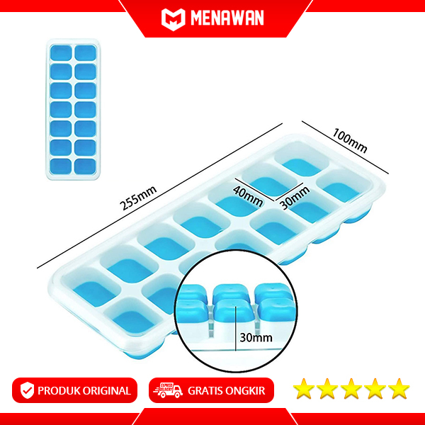 Silicone Ice Tray Food Grade BPA Free Cetakan Es Batu Kulkas 14 Grid Lengkap Penutup Original