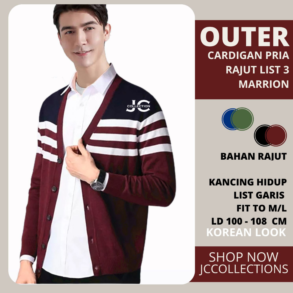 Outer Kardigan Cowok Motif List 3 Warna / Cardigan Rajut Pria Korean Look Variasi Garis Tritone JCCollections