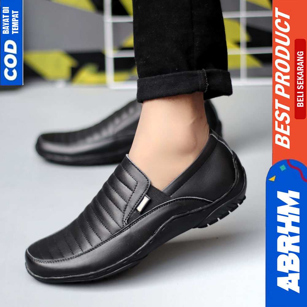 ABRHM Casual Formal Slop Kulit Asli Pantofel Hitam Kerja Pria