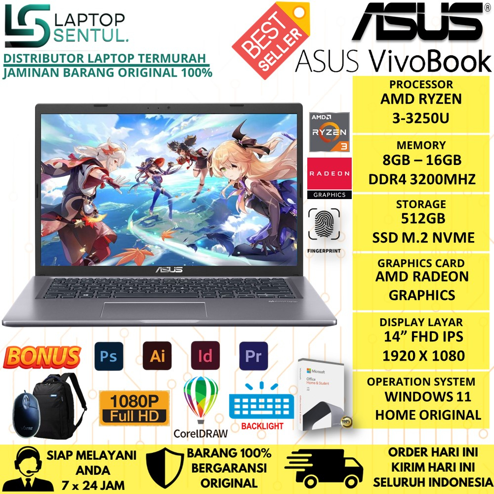 Promo Laptop Gaming Murah ASUS Vivobook M415DAO AMD Ryzen 3 3250U RAM 16GB SSD 512GB FHD IPS Windows 11