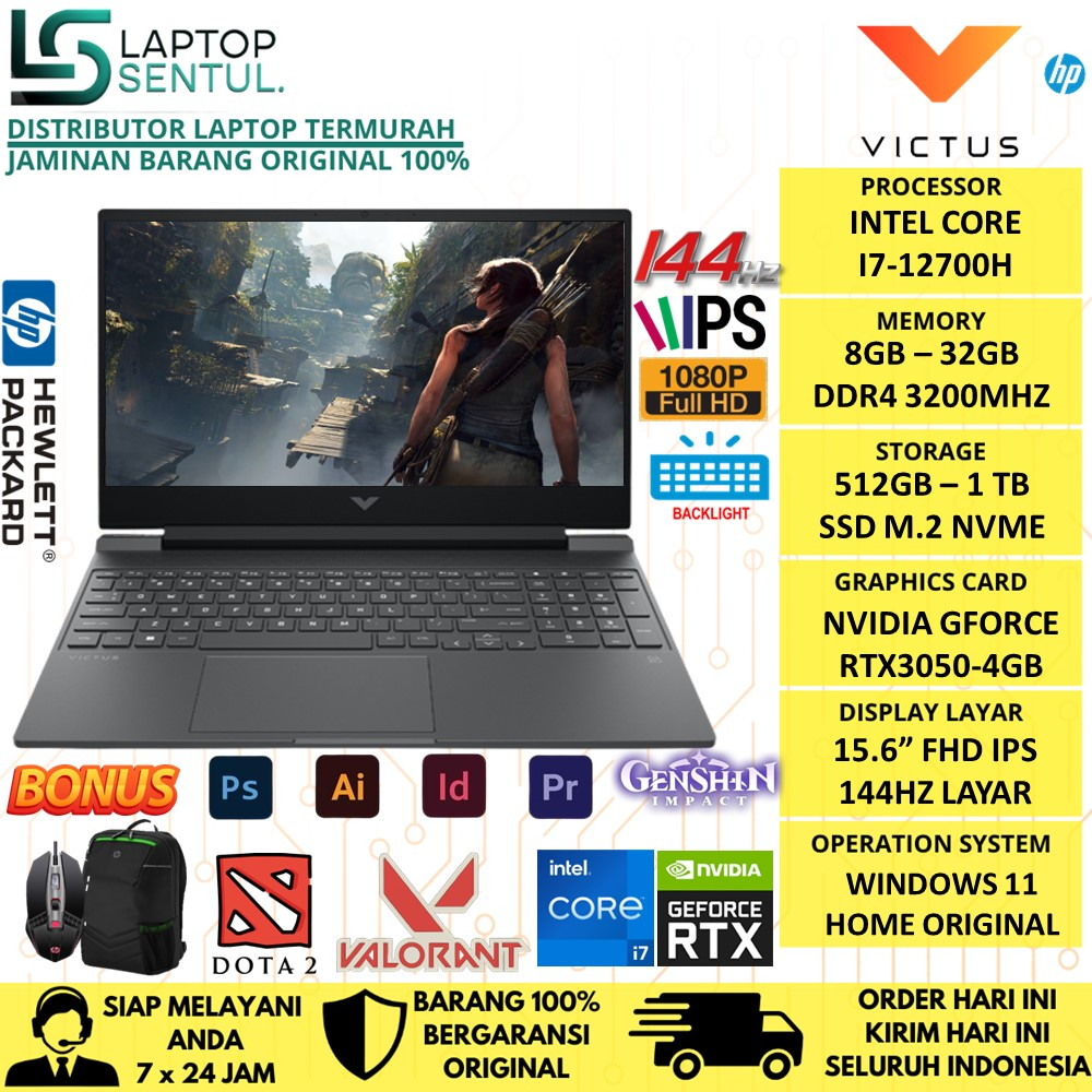 Laptop Gaming HP Victus 15 FA0008TX Intel i7 12700H 16GB 512GB SSD FHD IPS RTX3050 144Hz Windows 11 OHS Original