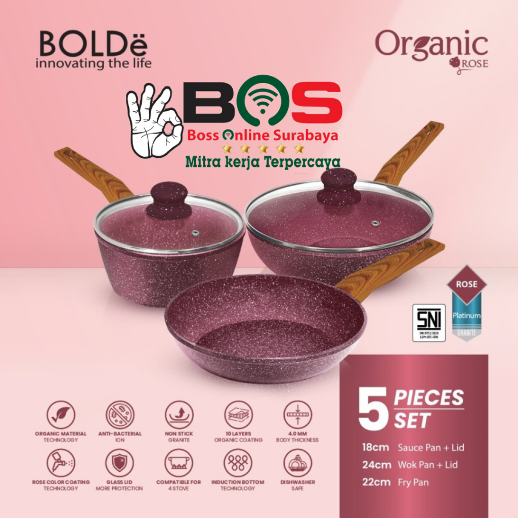 Bolde Organic Rose Pan Set 5pcs Anti Lengket Granite Coating