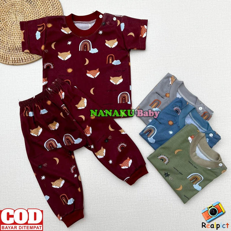 Setelan Baju Bayi Piyama Bayi Lengan Pendek Celana Panjang Kancing Pundak Motif Printing Pelangi Usia 3-12 Bulan Anababy