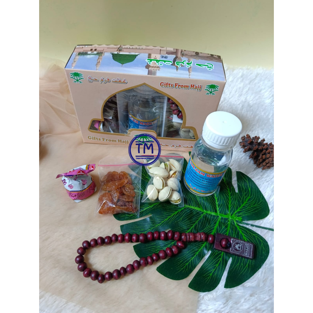 PAKET SOUVENIR OLEH-OLEH HAJI &amp; UMROH Kemasan Kardus Isi Air Zam-zam 80 ml Kurma Kismis Cokelat Turkey Tasbih 33 Pistachio Almond