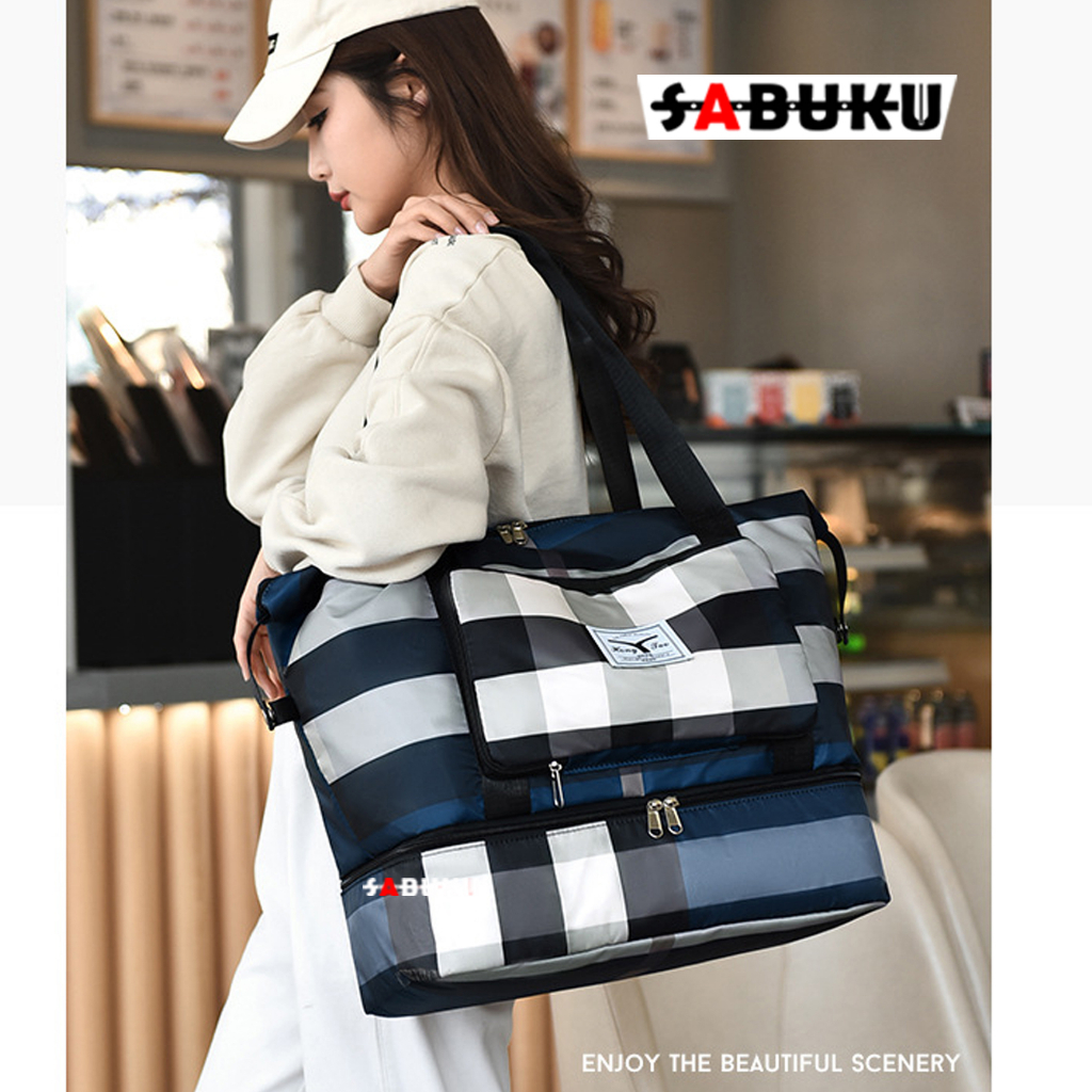 [S&amp;K] Travel Bag Waterproof Motif Kombinasi Kotak Duffel Bag Tas Travel Portable Gym - SK1009