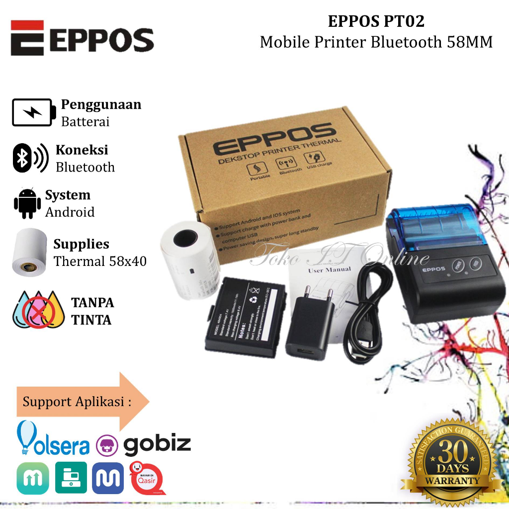 MINI MOBILE PRINTER BLUETOOTH 58MM EPPOS PT02 PORTABLE RPP02N CETAK STRUK NOTA PEMBAYARAN PPOB LISTRIK PULSA PAWOON MOKA QASIR PT-02 PT 02