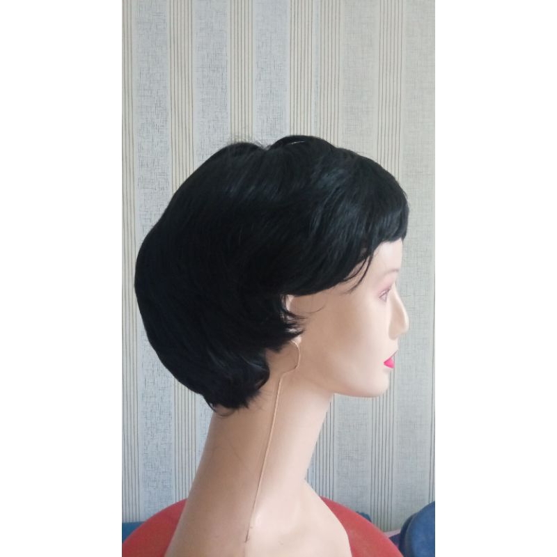 wig pria hitam pendek sintetis fiber