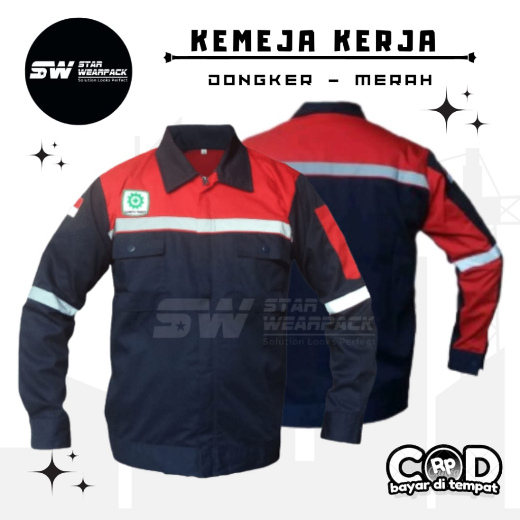 Star Wearpack - Seragam Kerja Proyek Lengan Panjang Warna Dongker Kombinasi Merah