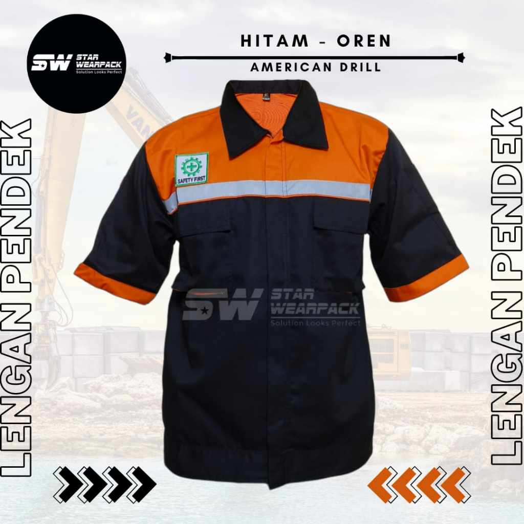 Star Wearpack - Baju Seragam Kerja Proyek Lengan Pendek Warna Hitam Kombinasi Oren