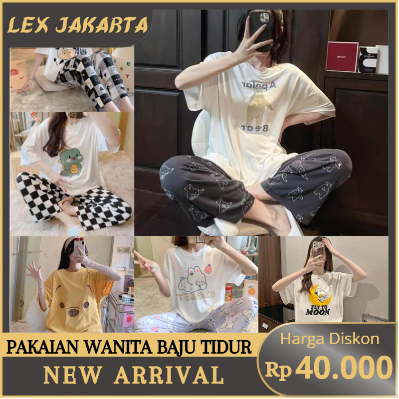 LEXJAKARTA B16 - PAKAIAN WANITA BAJU TIDUR WANITA PIYAMA SET LENGAN PENDEK CELANA PANJANG MOTIF KARTUN LUCU SETELAN TIDUR PAKAIAN RUMAH WANITA IMPORT