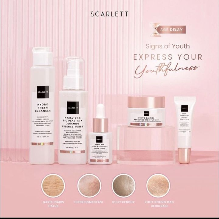 Scarlet Whitening Age Delay Series Antiaging I Hydrofresh Cleanser I Phyto Biotics Renewing Moisturizer I Bifida Serum Hyalu I Ceramic Essence Toner I Firming Eye Serum