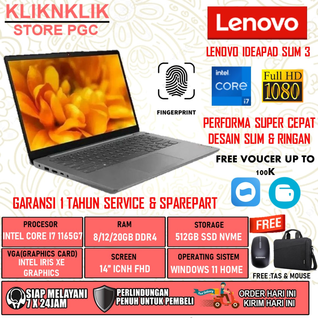 LAPTOP LENOVO IDEAPAD SLIM 3 INTEL CORE I5 1155G7 RAM 8GB 512GB SSD FHD BACKLIGHT KEYBOARD WINDOWS 11 HOME