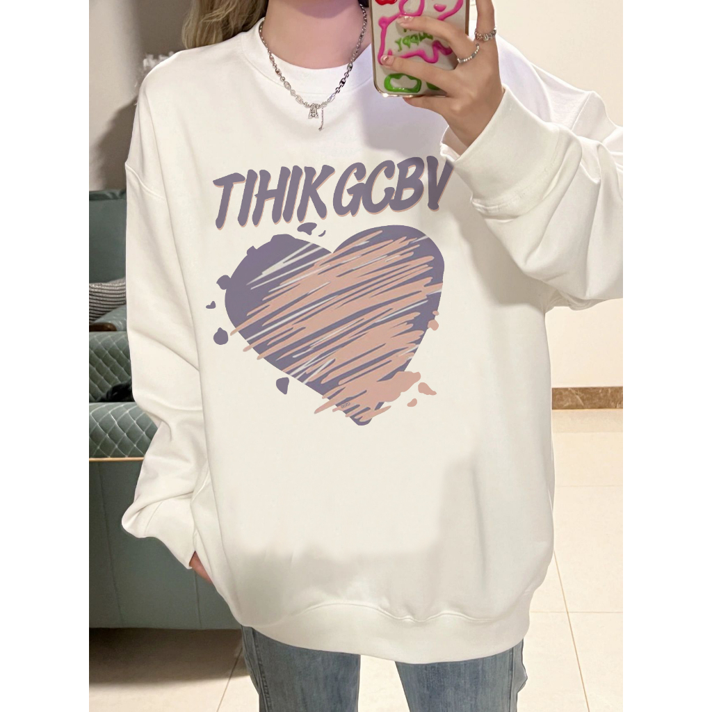 EUNII Sweater Lengan Panjang Cartoon Pink Purple Heart Printing Korean Style/Sweater Crop/Baju Wanita/Switer Wanita/Switer