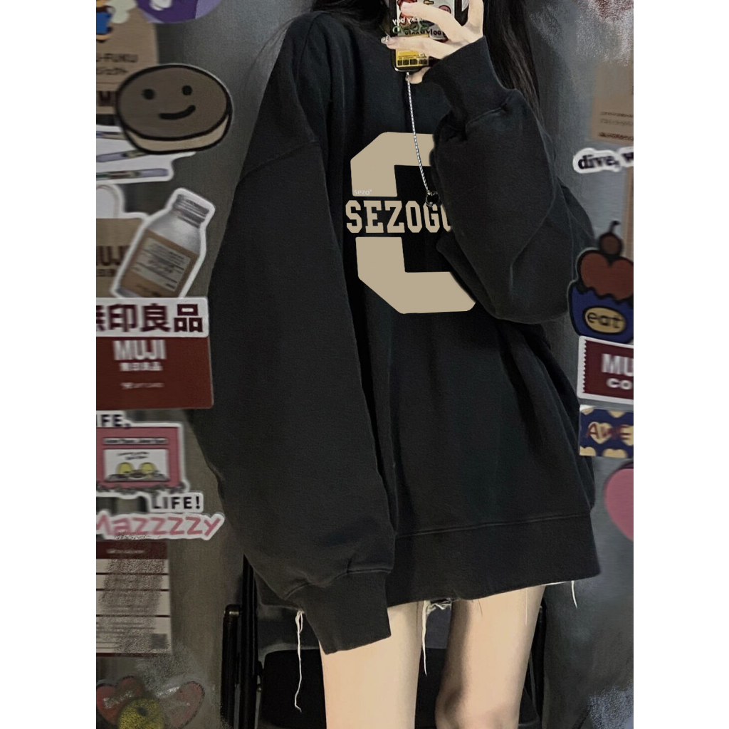 EUNII Sweater Lengan Panjang Vintage Letter C Printing Korean Style/Sweater Crop/Baju Wanita/Switer Wanita/Switer