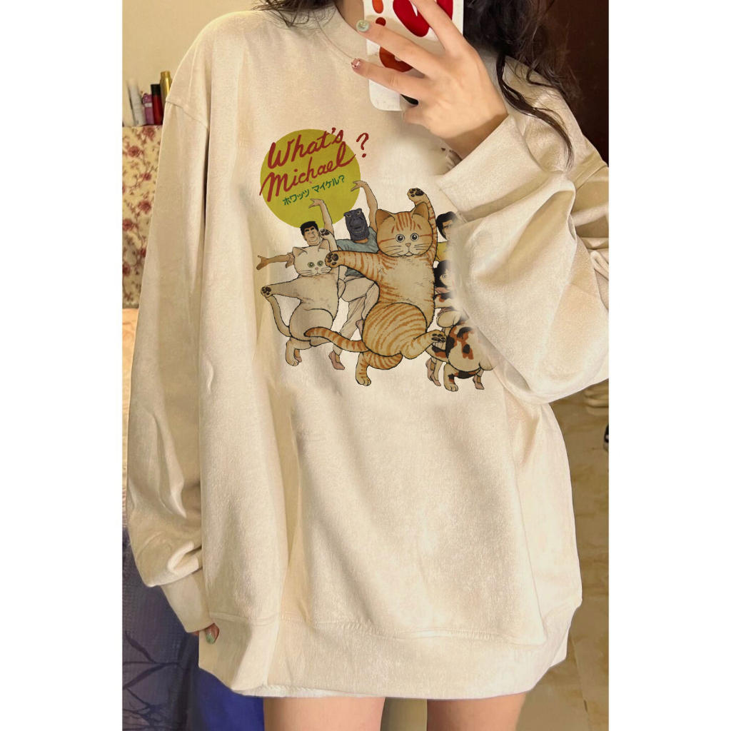 EUNII Sweater Lengan Panjang Cartoon Funny Cat Printing Korean Style/Sweater Crop/Baju Wanita/Switer Wanita/Switer