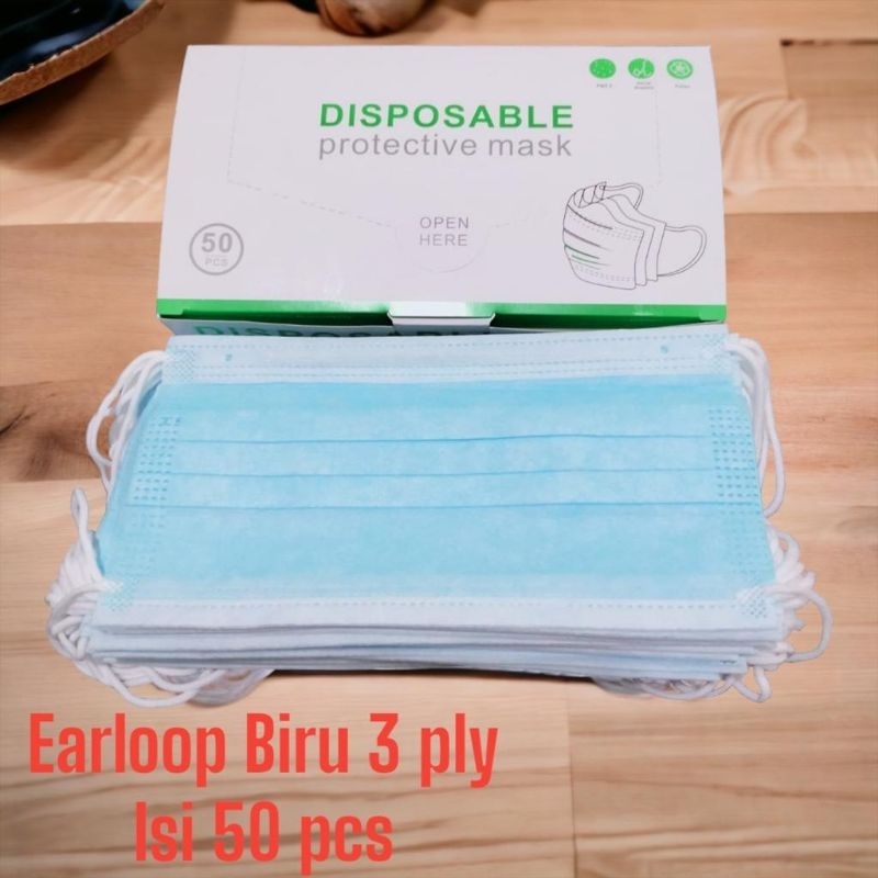 Masker Earloop Disposable 3 ply Isi 50 pcs