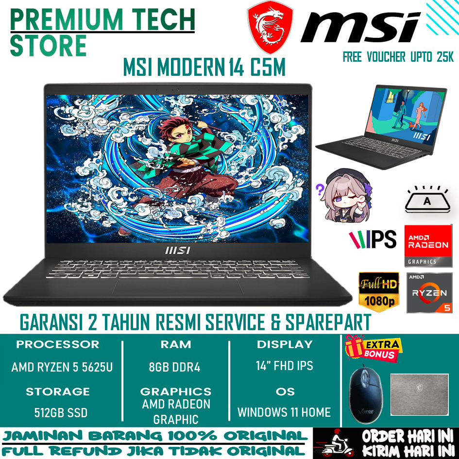 Laptop Msi Modern 14 C5M Amd Ryzen 5 5625U Ram 8Gb 512Gb Ssd Radeon Graphic Fhd Ips Windows 11 Home Terbaru