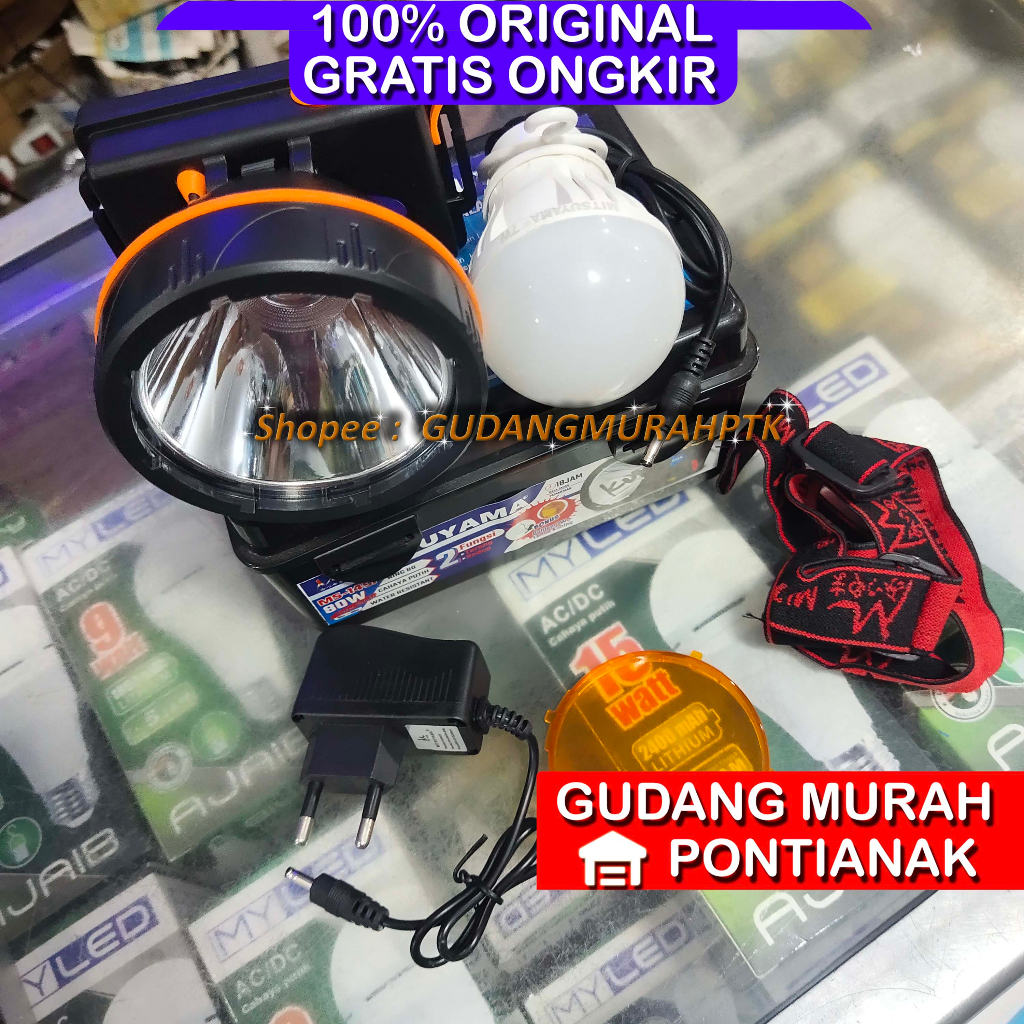 Senter Kepala Senter Sakelar ON OFF 80 Watt Senter Terang Cahaya PUTIH Senter Jarak Jauh Free Bohlam Headlamp Super Terang Tembus embun MS 149 MS-149