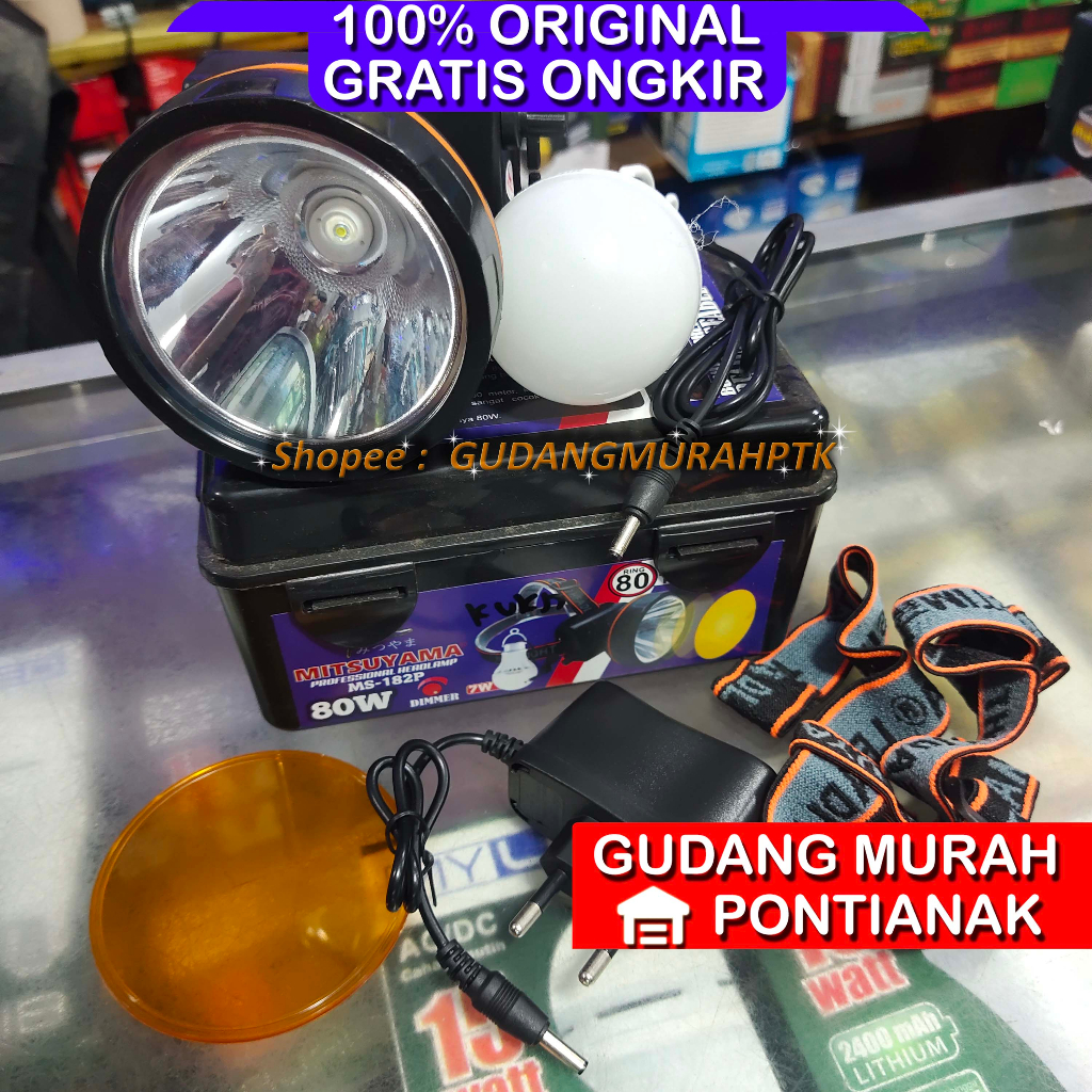 Senter Kepala Senter Dimmer 80 Watt Senter Terang Cahaya PUTIH Senter Jarak Jauh Free Bohlam Headlamp MS 182 MS-182