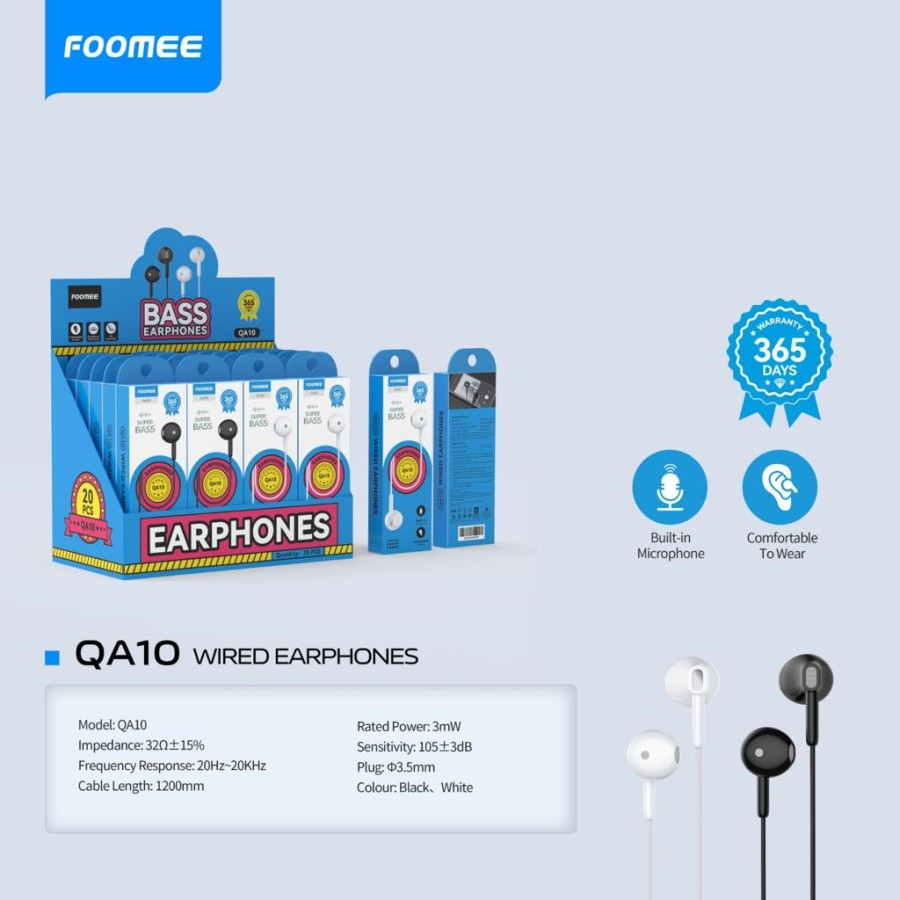 Headset Super Bass FOOMEE QA10 - SATUAN - Earphone With Mic jack 3.5mm