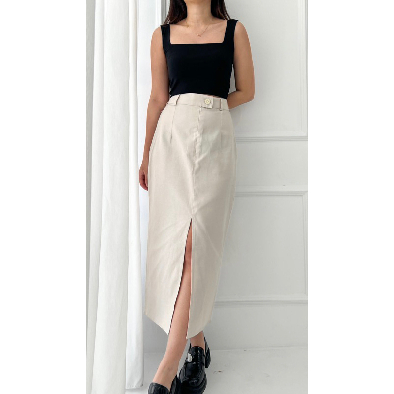 IWEARGRACIE - OLIVER DENIM SLIT SKIRT / ROK WANITA / ROK KERJA / ROK MIDI