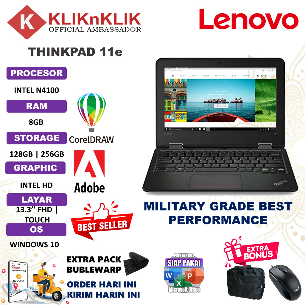 LAPTOP PELAJAR THINKPAD 11E INTEL N4100 8GB 256GB 11,6&quot; HD WINDOW 10 PRO