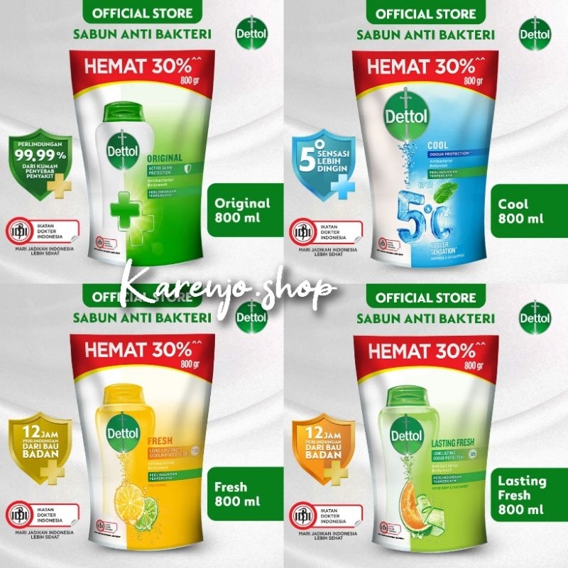 DETTOL Antibacterial Body Wash Sabun Mandi Cair Anti Bakteri Original ; Lasting Fresh ; Fresh ; Cool 800ml