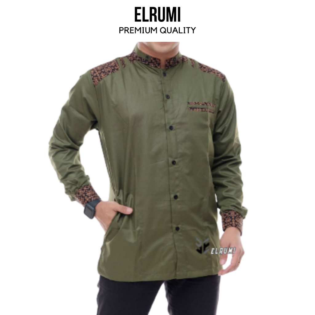 Baju Koko Pria Lengan Panjang Motif Adidis Kombinasi Batik Warna Hijau Army Bahan Katun Toyobo