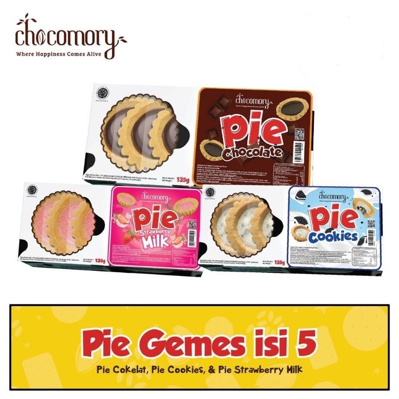 Chocomory Pie isi 5 (Chocolate, Cookies n Cream, Strawberry Pie)