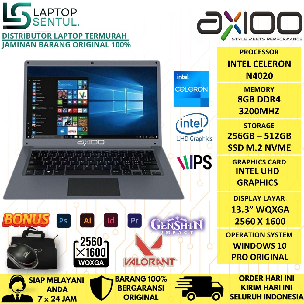 Laptop Murah Axioo MyBook 14F RAM 8GB SSD 512GB WQXGA IPS Windows 10 Pro Original