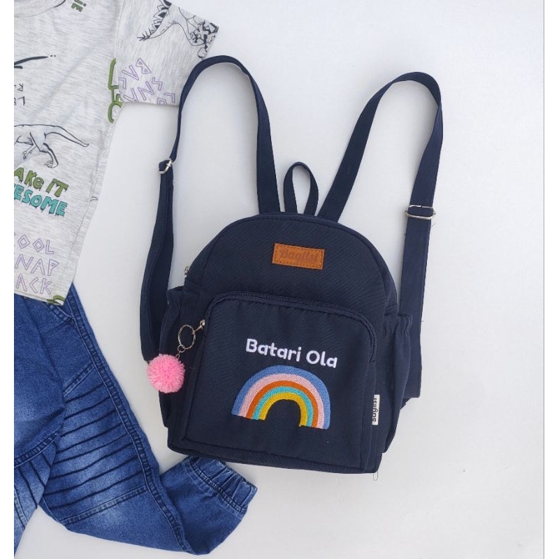 Baglist Tas Anak PAUD TK sekolah kids ransel backpack warna navy polos bordir nama karakter