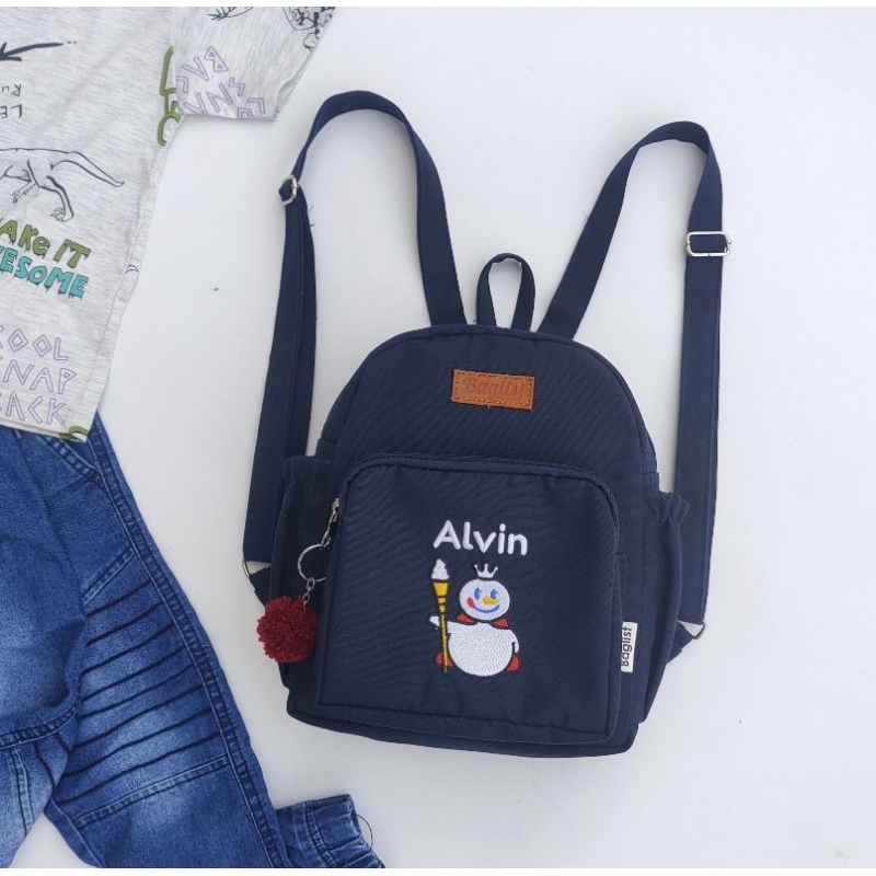 Baglist Tas Anak PAUD TK sekolah kids ransel backpack warna navy polos bordir nama karakter