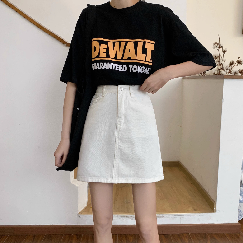 Krem Rok Jeans Pendek A-Line Rok Denim Skirt Pinggang Tinggi Gaya Korea