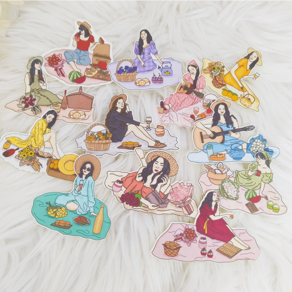 

ZIBA-A001 12pcs Die cut Stiker woman-picnic untuk journal/scrapbook