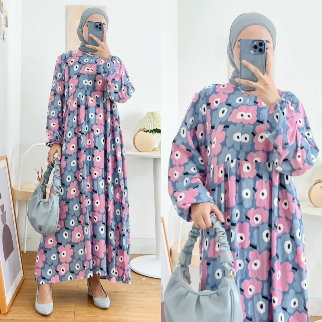 𝐊𝐈𝐑𝐀𝐍𝐈 Midi Dress Rayon Motif Ori Busui Friendly Jumbo Terbaru Kekinian Fashion Muslim Dress Murah Motif Terbaru