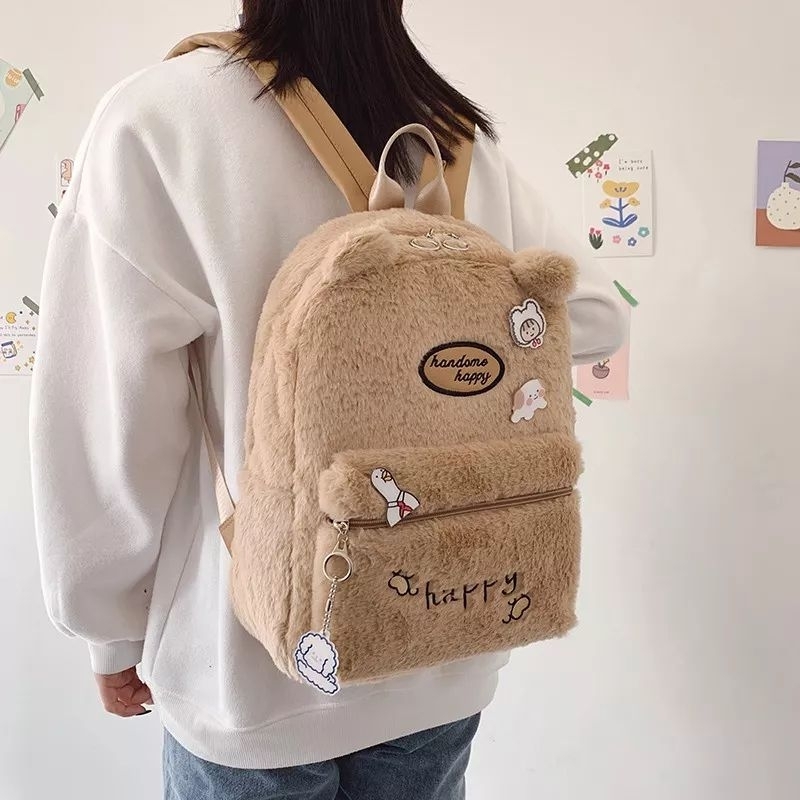 Tas Ransel Wanita Bulu Beruang Happy Bear Tas Perempuan Korean Lucu