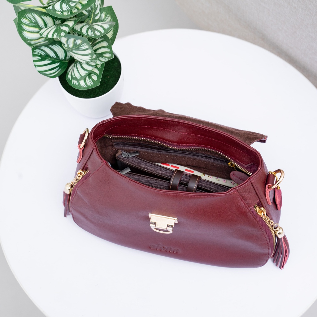 Tas Wanita Branded Model Selempang Slempang Jinjing Bahan 100% Kulit Sapi Asli Original Alona Viola Leather Sling Bag