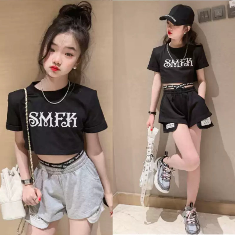 Set Baju Crop Hiphop Anak Perempuan SMFK hitam celana pendek premium quality Impor