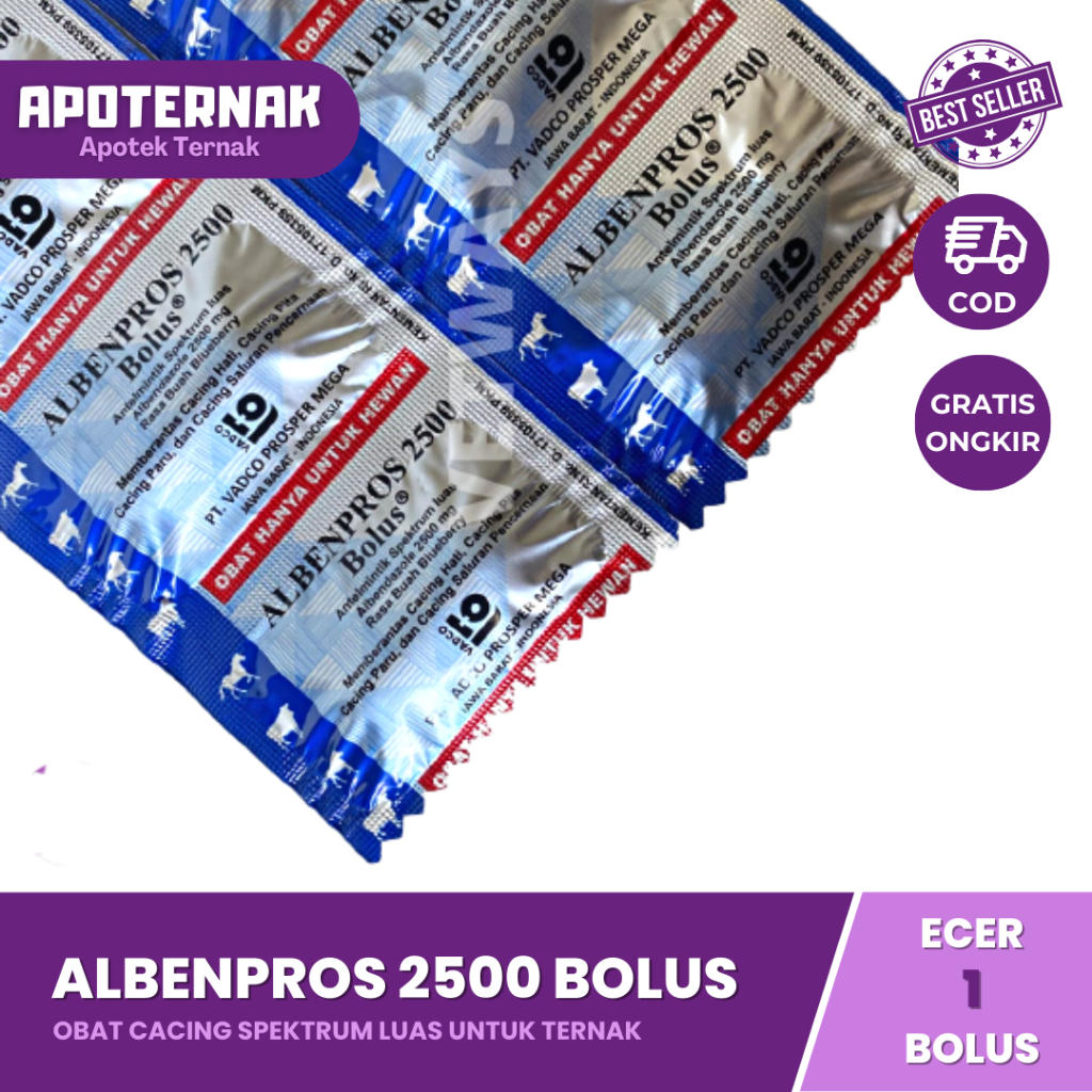 ALBENPROS 2500 Bolus 1 Pcs | Obat Cacing Spektrum Luas Untuk Sapi Kuda | Cacing Hati, Cacing Pita, Cacing Paru, dan Cacing Saluran Pencernaan | VADCO | Apoternak