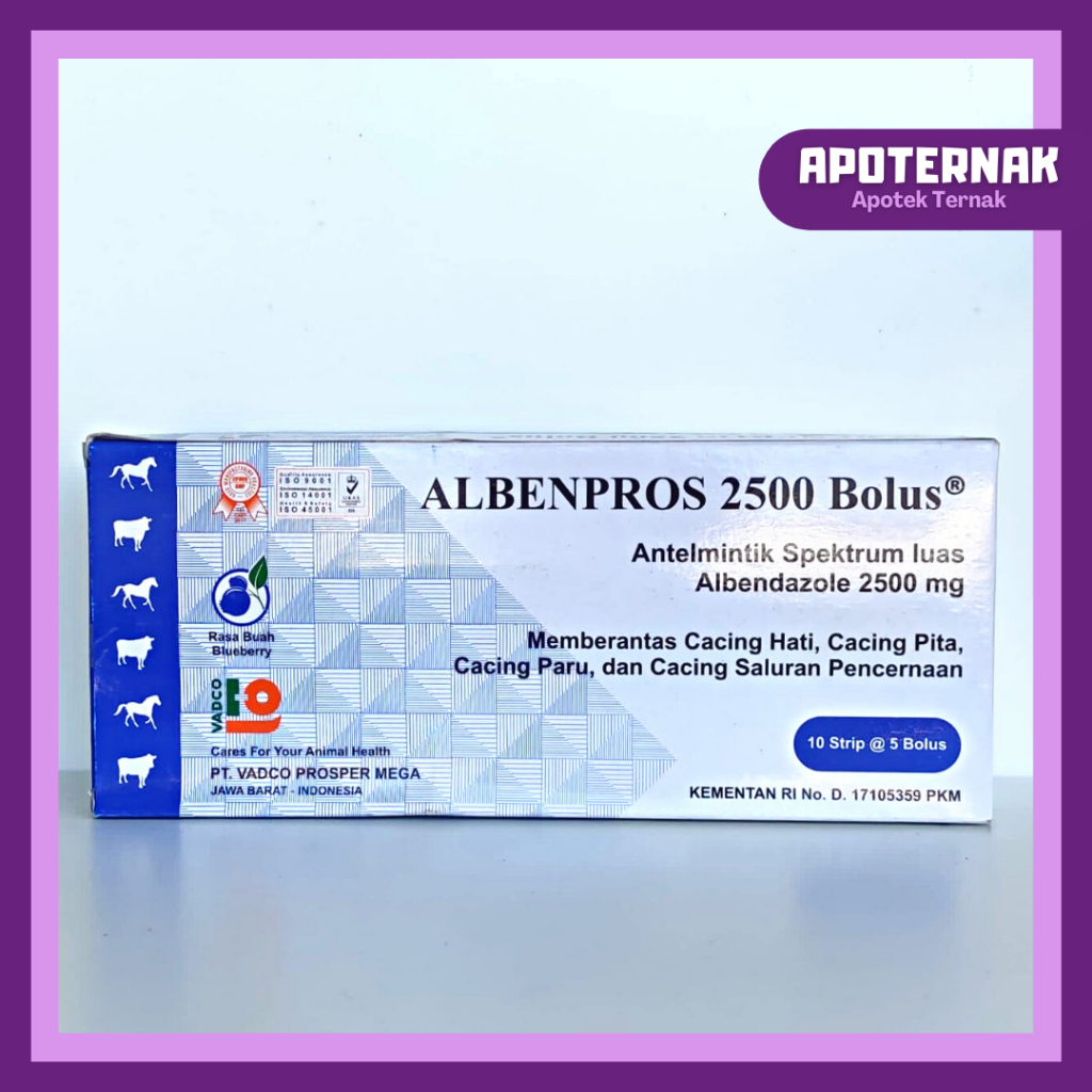 ALBENPROS 2500 Bolus 1 Box 50 Bolus | Obat Cacing Spektrum Luas Untuk Sapi Kuda | Cacing Hati, Cacing Pita, Cacing Paru, dan Cacing Saluran Pencernaan | VADCO | Apoternak