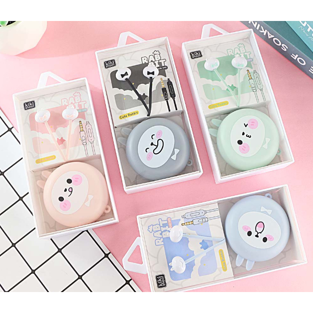 [KIKI-393] Set Headset Earphone Kartun RABBIT Bulat / Wadah Earphone Karakter Kelinci Lucu / Earphone Case Karakter Rabbit Ekspresi Imut