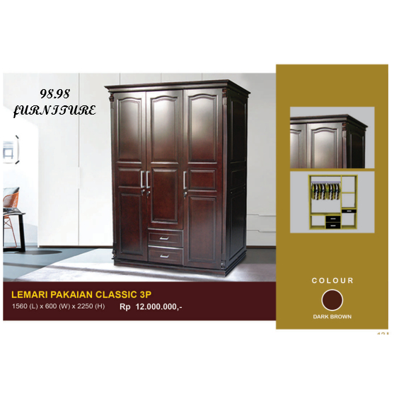 DEVICE Lemari Pakaian Kayu Classic 3P / Kokoh, Padat & Tahan Lama Free Antar & Rakit - Medan