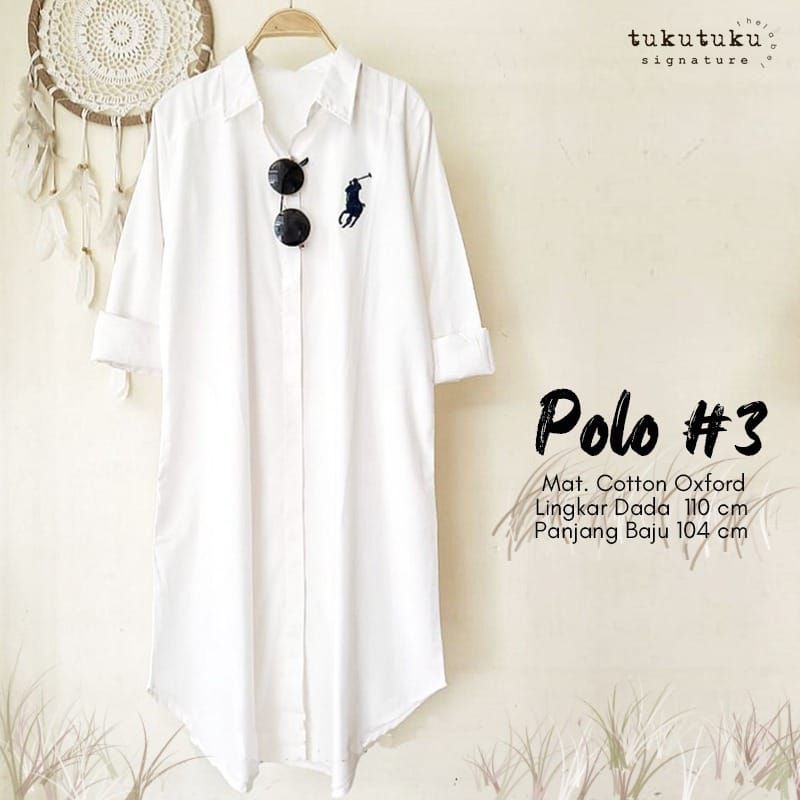 Polo#3 Long Tunik White Putih Polos Katun Oxford Ld 110 Jumbo Fit XXL Busui Kancing By TukuTuku