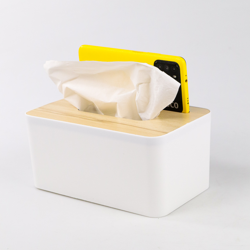 【GOGOMART】Kotak Tisu Kayu Tissue Box Dengan Holder Smartphone Tempat Hanphone