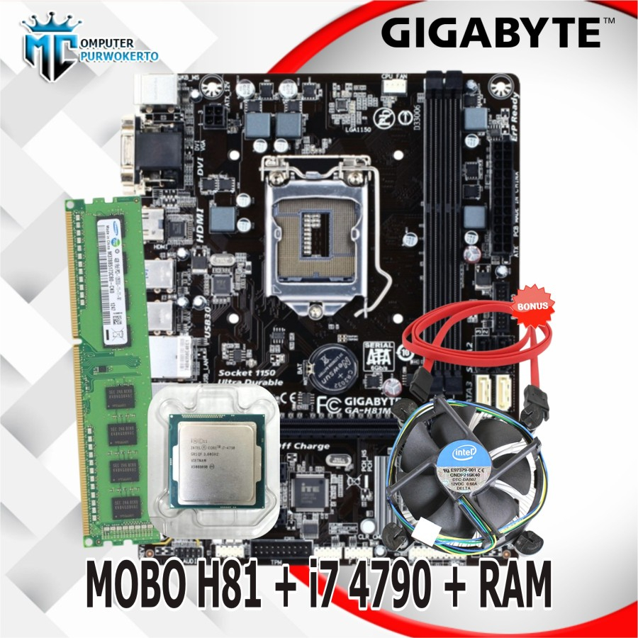 Paket Mobo H81 LGA1150 Gigabyte + CORE i7 4790 + RAM + SSD + FAN