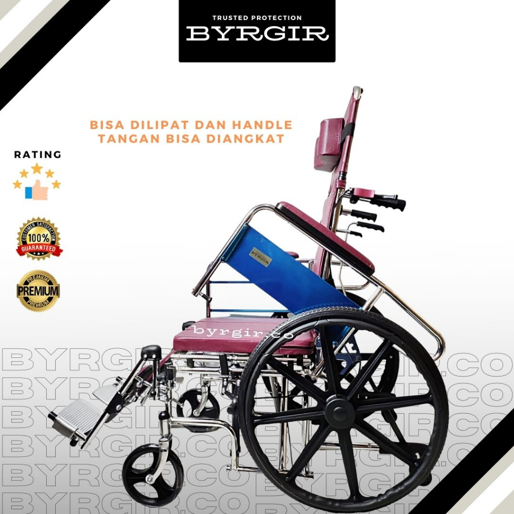 BYRGIR Kursi Roda Lipat Wheelchair 5in1 Multifungsi BAB Toilet Meja Makan Travel Travelling Lansia Rebahan Baring Medis Portable Comfort Kokoh Kuat Dan Nyaman