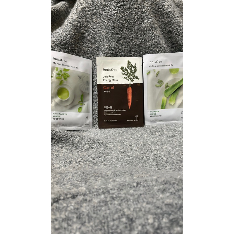 (Preloved new) Innisfree My Real Squeeze Mask Green tea & Aloe, Innisfree Jeju Root Energy Mask Carr